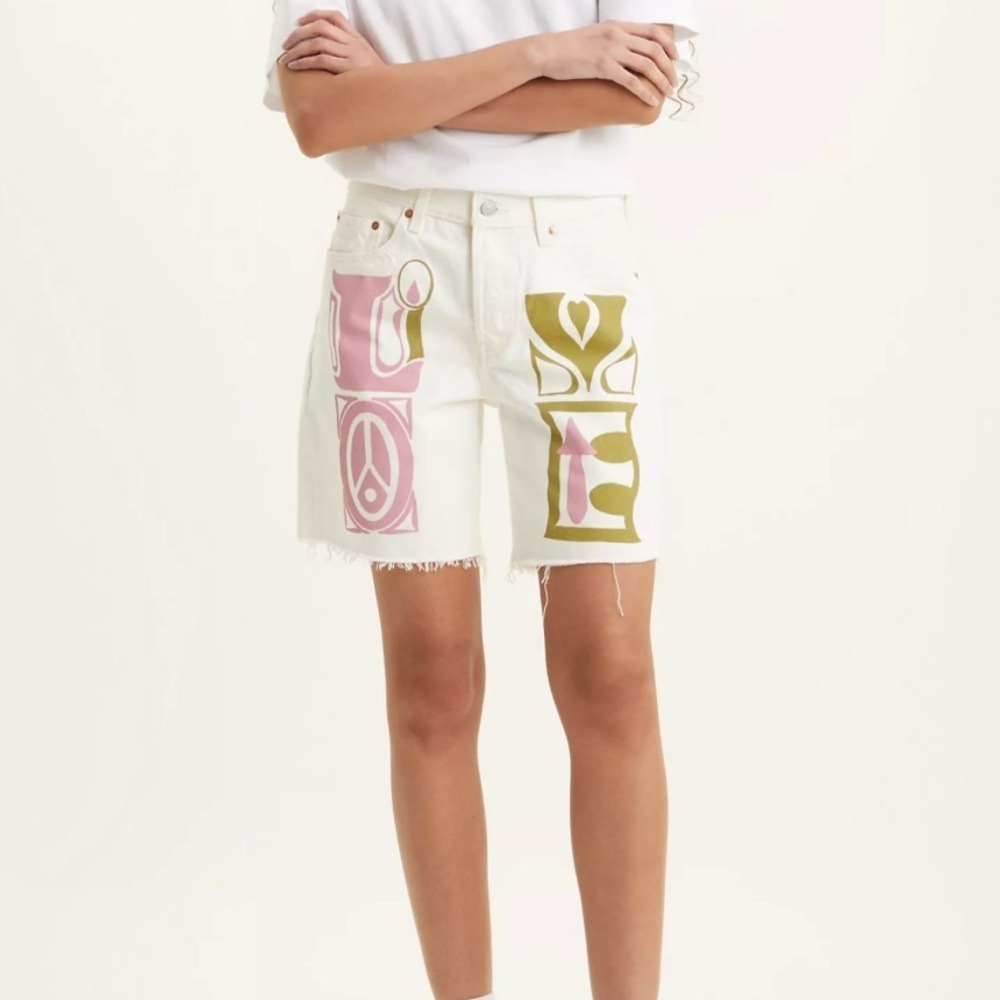 Levi's Premium 501 LOVE Graphic Denim Shorts White Peace Sign Heart Raw Hem W24
